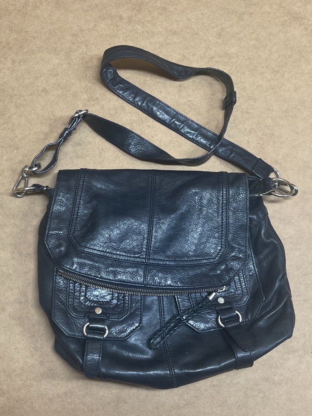 Vintage The Sak Double Front Pocket Black Leather Shoulder Bag